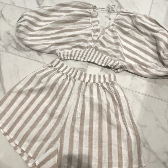 ASOS Design Volume Sleeve Beach Neutral Striped Two-Piece Set - Picture 5 of 9